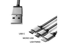 USB kabel 3v1 Micro USB, USB C, iPhone, Nylon/Alu, bílý, zlatý 1,2m
